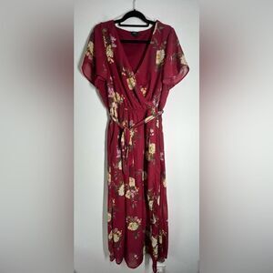 Rue + Bohemian FLORAL Print MAXI DRESS Size 1X Lined Vneck Burgundy